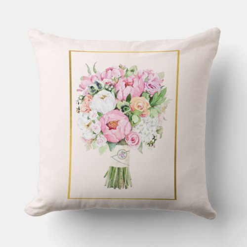 Pink White and Green Floral Bouquet Throw Pillow