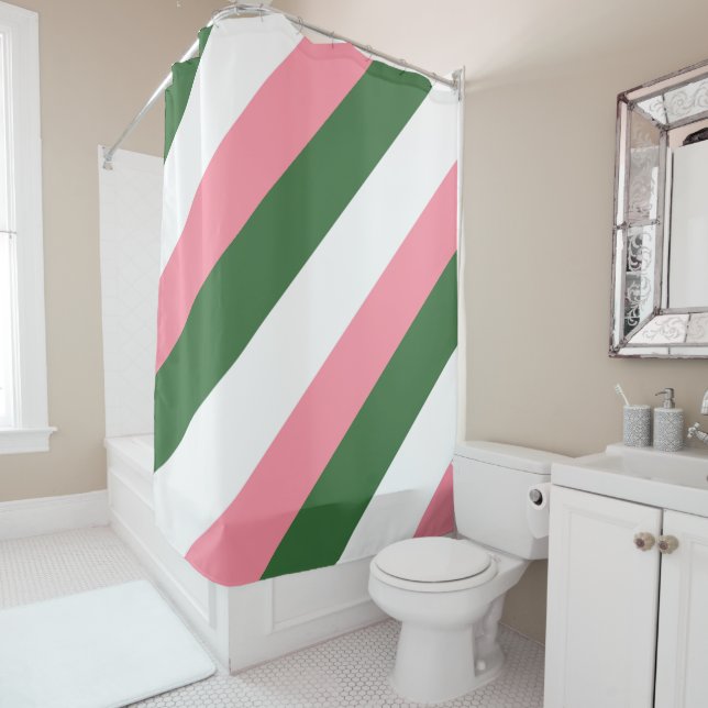 Pink, White and Green Stripes Shower Curtain (In Situ)