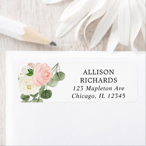 Pink white and greenery floral label