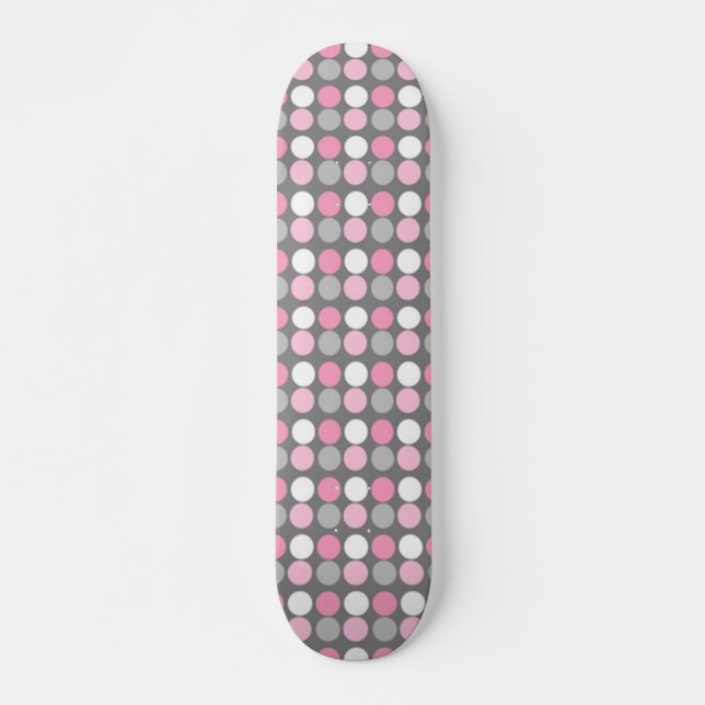 Pink White and Grey Polka Dot Skateboard (Front)
