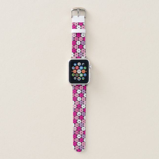 Pink, white and purple pickleballs,  apple watch band (Front)