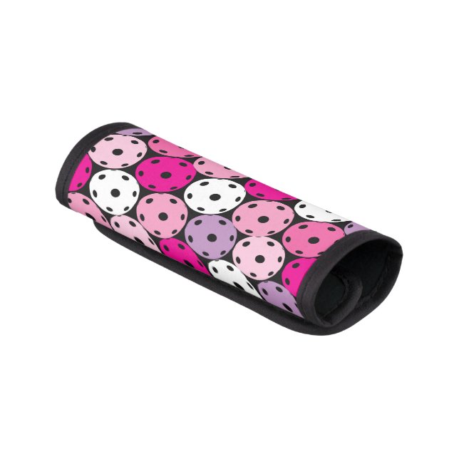 Pink, white and purple pickleballs luggage handle wrap (Angled)