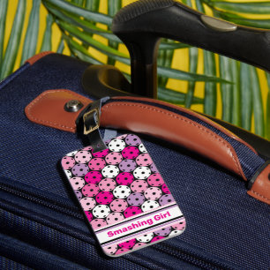 Pink, white and purple pickleballs, luggage tag