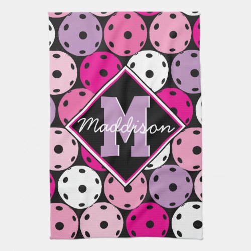 Pink white and purple pickleballs with name  kitchen towel