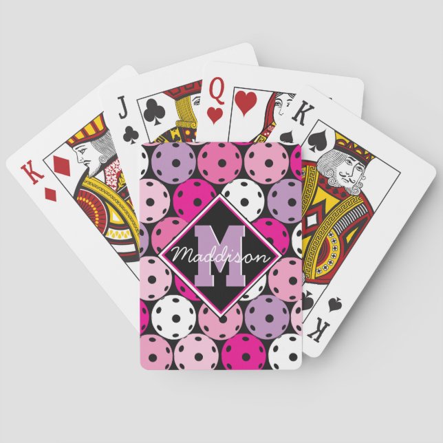 Pink, white and purple pickleballs, with name  poker cards (Back)