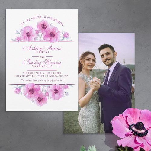 Pink white anemone floral watercolor wedding photo invitation