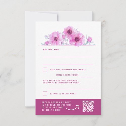 Pink white anemone floral wedding QR reply RSVP 