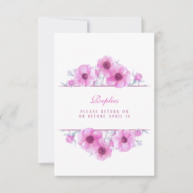 Pink white anemone floral wedding reply RSVP  Card (Front)