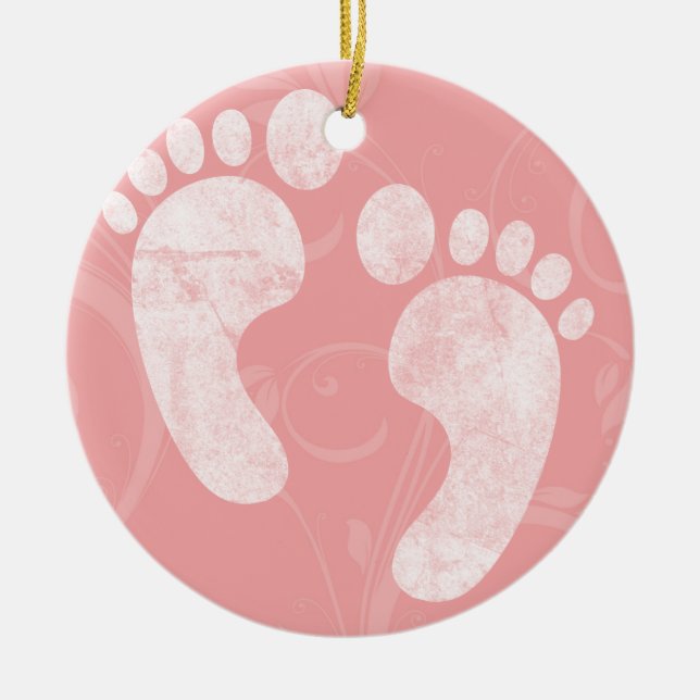 Pink/White Baby Footprints Ceramic Ornament (Front)