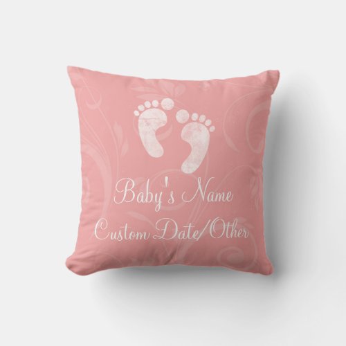 PinkWhite Baby Footprints Personalized Throw Pillow