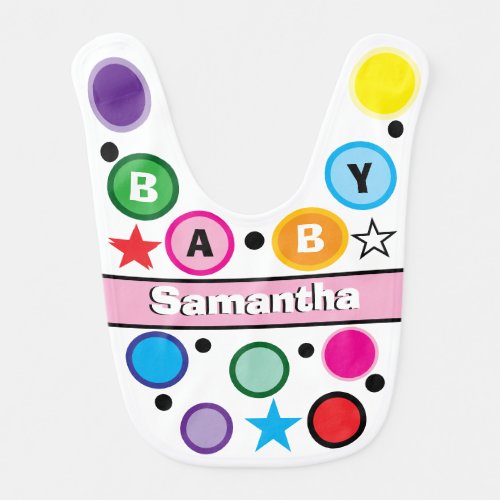 Pink White Baby Girl Name Colorful Circles Stars Bib