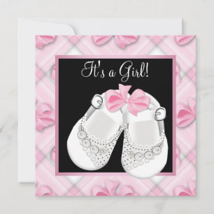 Pink White Baby Shoes Pink Black Baby Girl Shower Invitation