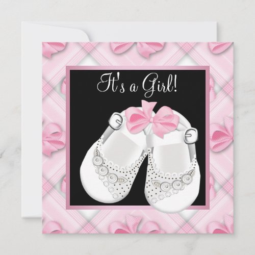 Pink White Baby Shoes Pink Black Baby Girl Shower Invitation