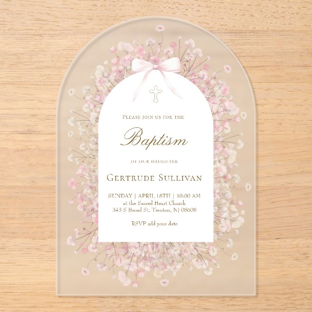 pink white baby's breath flowers Baptism Acrylic Invitations (Front)