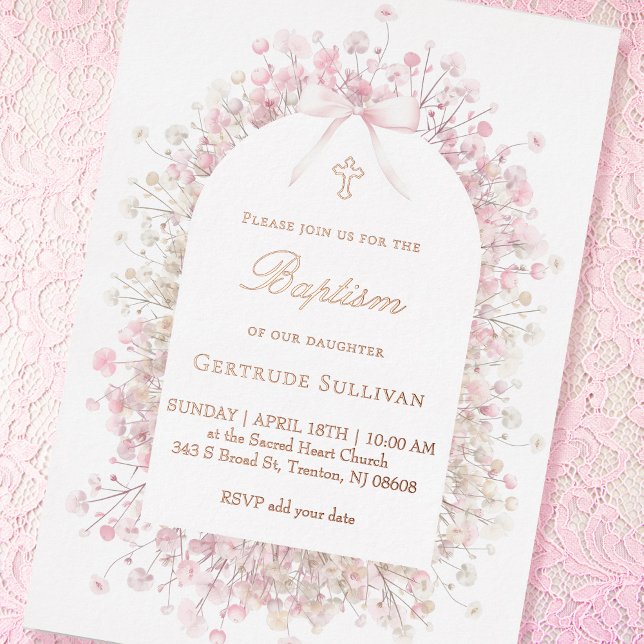 pink white baby's breath flowers Baptism Foil Invitation (Creator Uploaded)