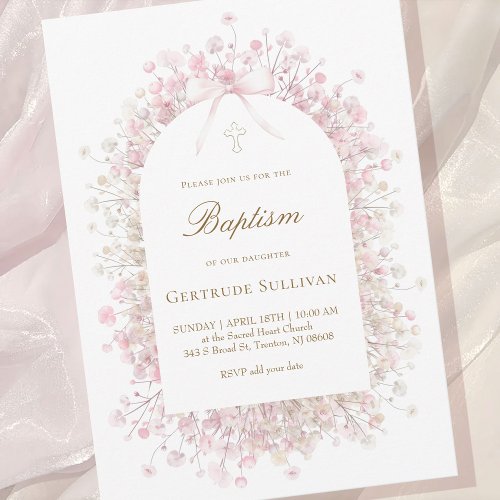 pink white baby's breath flowers Baptism Invitation