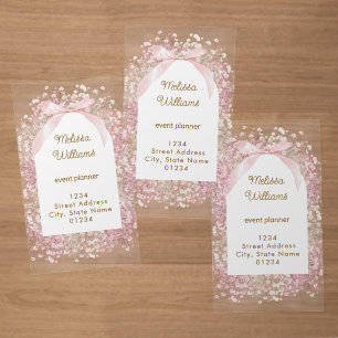 pink white baby's breath flowers frame clear business cards