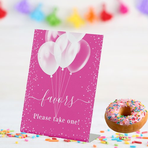 Pink white balloons birthday guest party favors pedestal sign