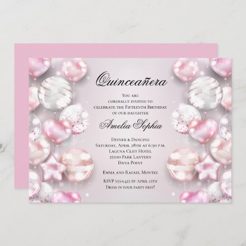 Pink White Balloons Quinceaera Invitation