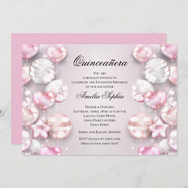 Pink White Balloons Quinceañera Invitations (Front/Back)
