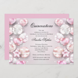 Pink White Balloons Quinceañera Invitations