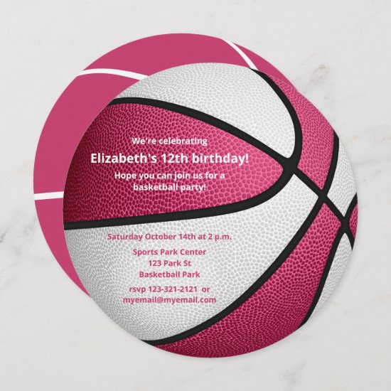 pink white basketball birthday party announcement