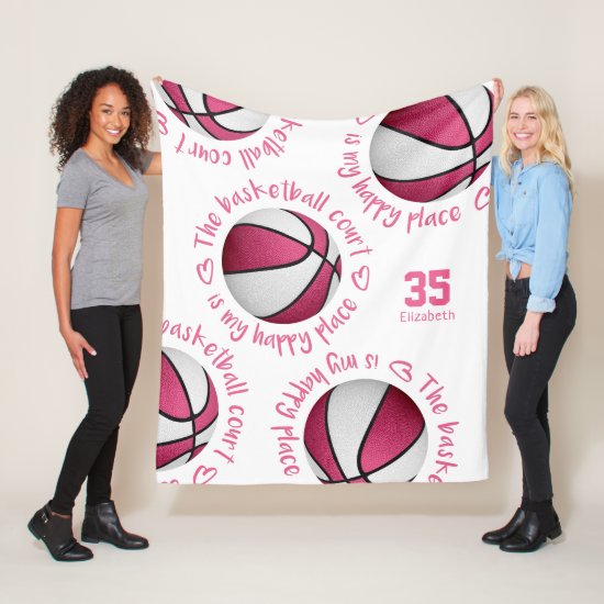 pink white basketball court my happy place girls fleece blanket