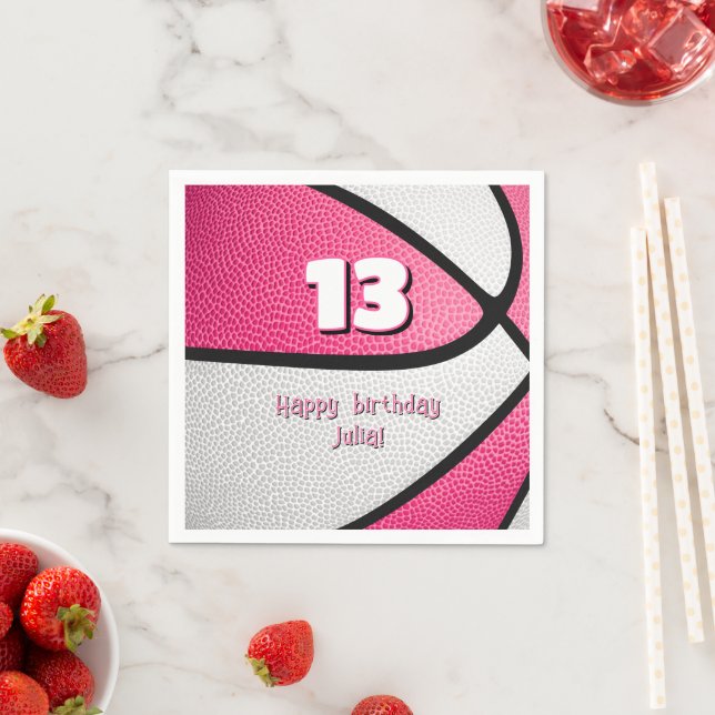 pink white basketball girls birthday sports party napkins (Insitu)