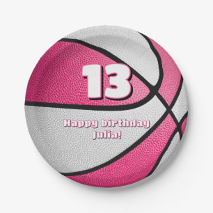 pink white basketball girls sports party paper plates