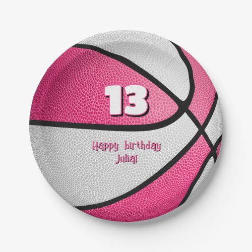 girly pink white basketball birthday party paper plate