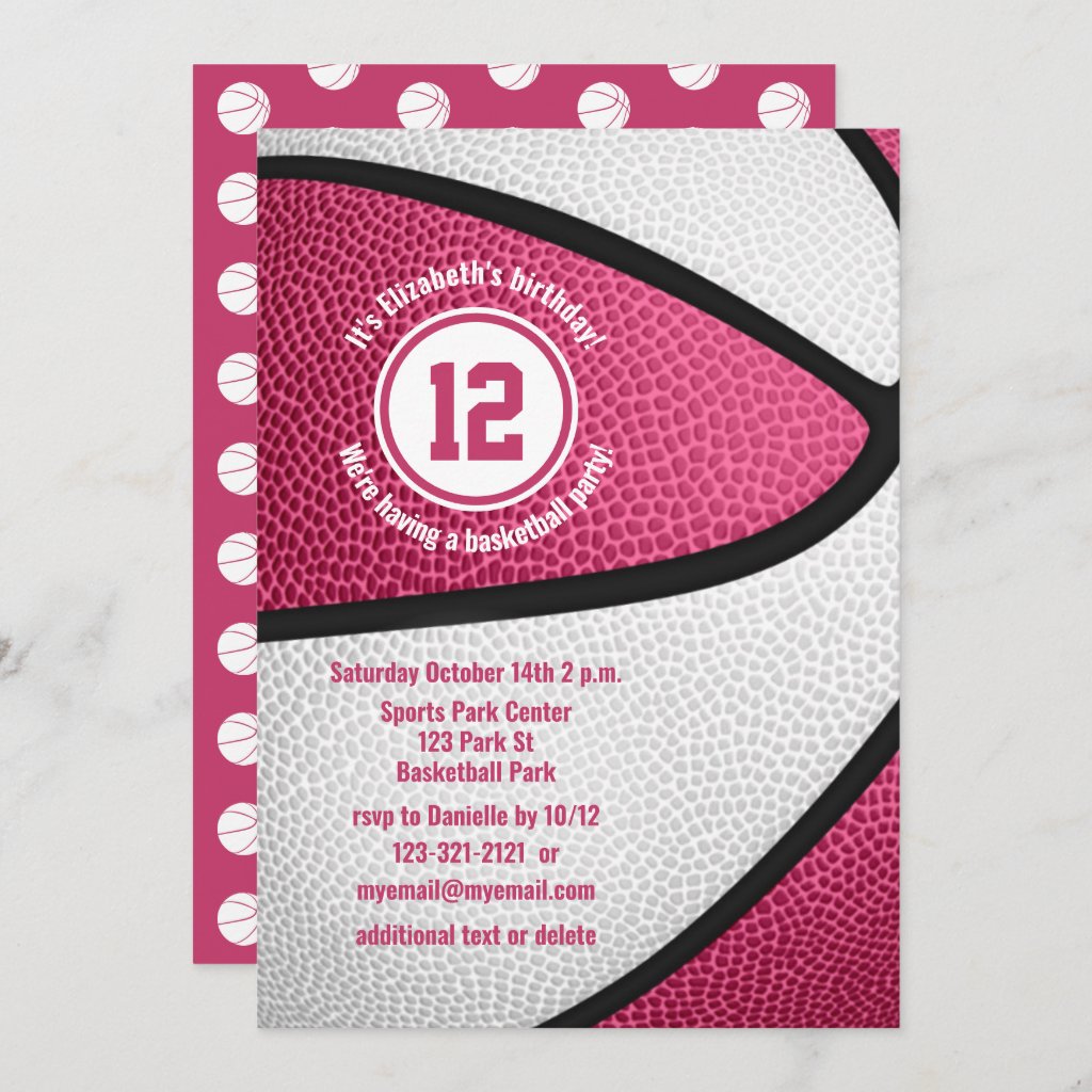 pink white basketball girly birthday party invitation