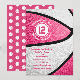 pink white basketball girly birthday party invitation