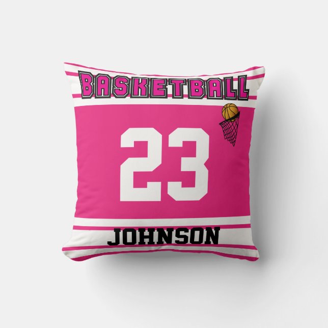 Pink & White Basketball Sport | DIY Name & Number Throw Pillow (Front)