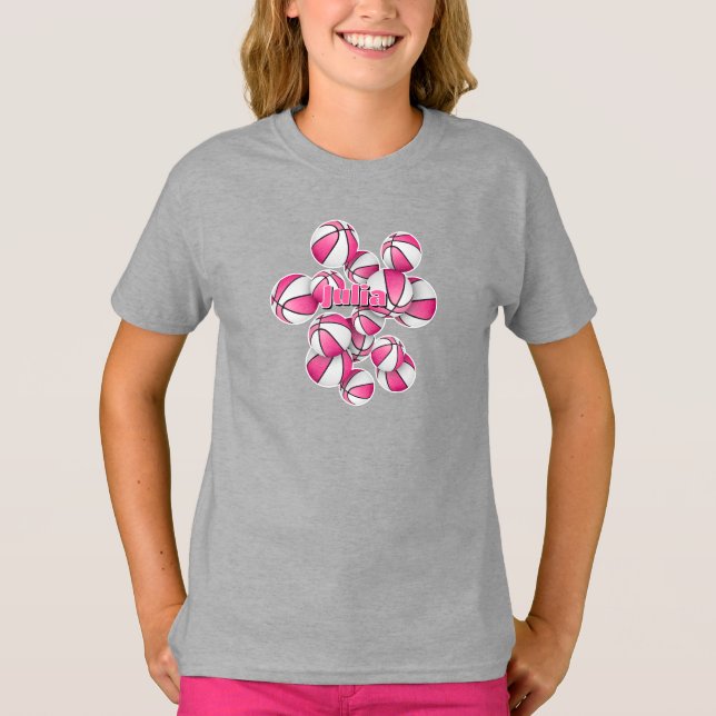 pink white basketballs athlete name T-Shirt (Front)