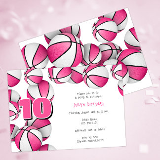 pink white basketballs girls birthday party invitation