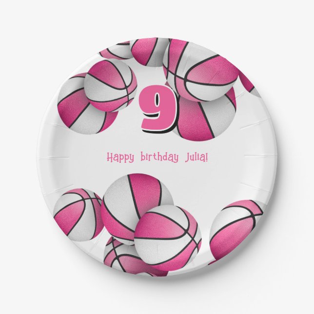 pink white basketballs girls birthday party paper plates (Front)
