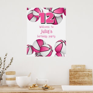 pink white basketballs girls birthday party poster