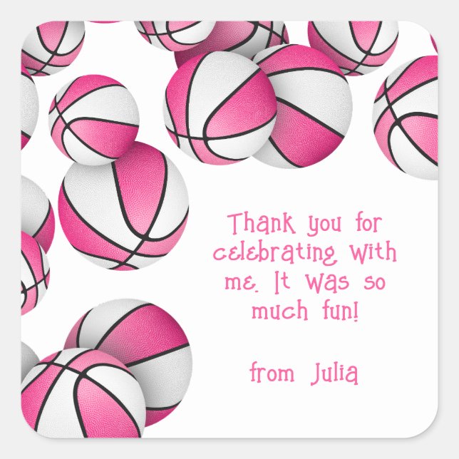 pink white basketballs girls sports birthday party square sticker (Front)