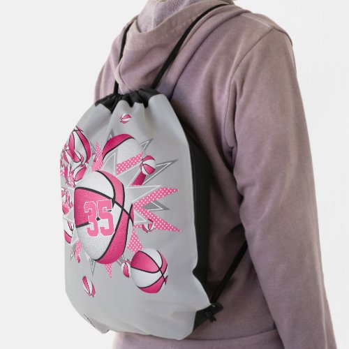 pink white basketballs stars girls jersey number drawstring bag