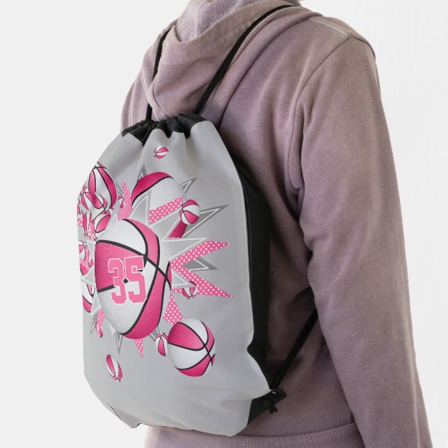 pink white basketballs stars girls jersey number drawstring bag (Insitu)