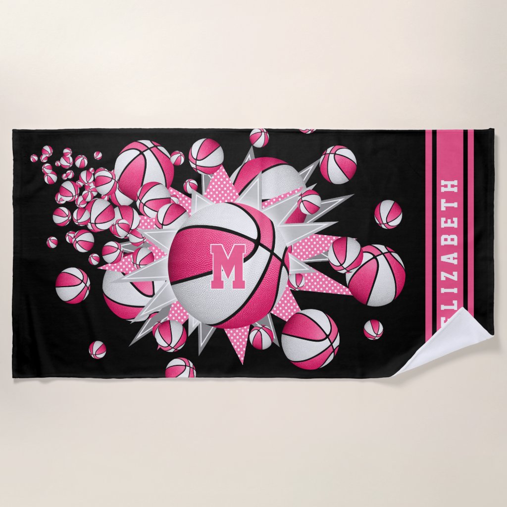 pink white basketballs stars her name monogrammed beach towel