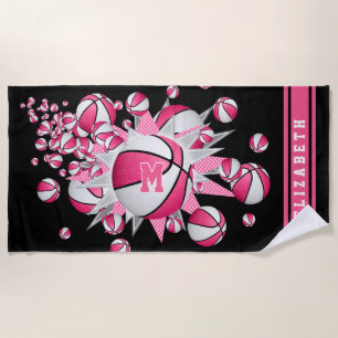 pink white basketballs stars her name monogrammed beach towel