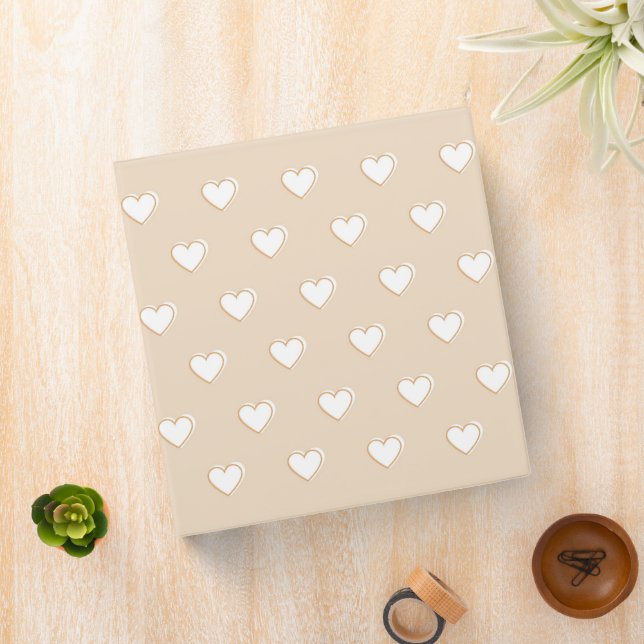 Pink White Beige Cute Simple Heart Pattern 3 Ring Binder (In Situ)