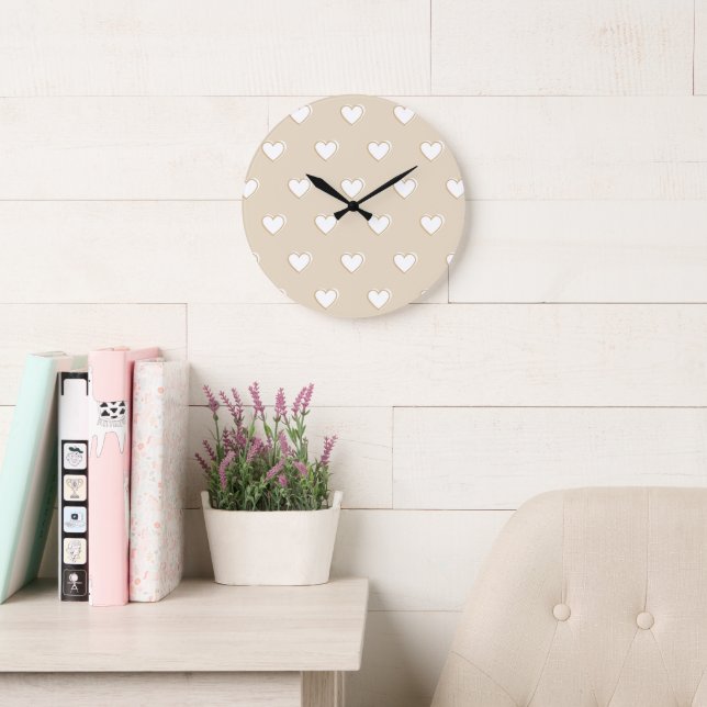 Pink White Beige Cute Simple Heart Pattern Large Clock (Reading Room)