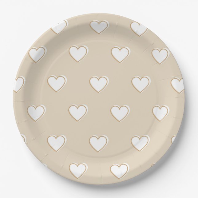Pink White Beige Cute Simple Heart Pattern Paper Plates (Front)
