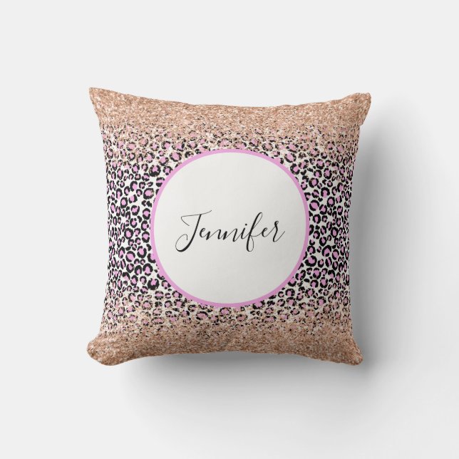 Pink White Black Cheetah Monogram Glitter Throw Pillow (Front)