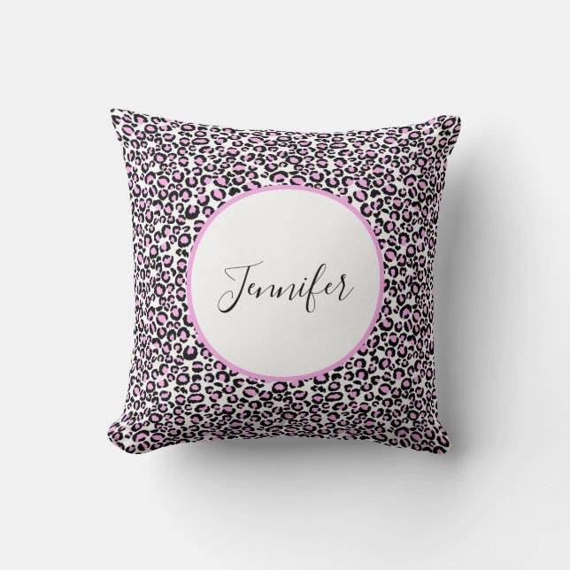 Pink White Black Cheetah Monogram Throw Pillow (Front)