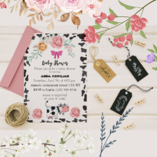 Pink White Black Cow for baby Shower Invitation