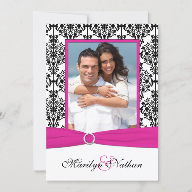 Pink, White, & Black Damask Photo Wedding Invite (Front)