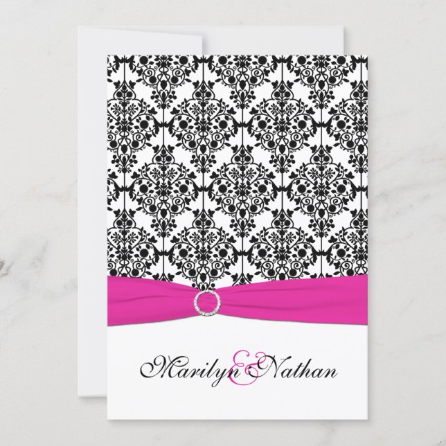 Pink, White, Black Damask Wedding Invitation (Front)